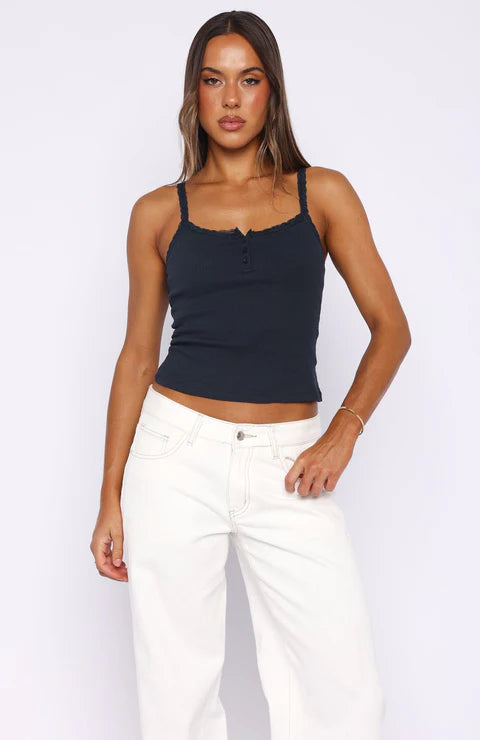 Holding On To You Lace Trim Top Navy