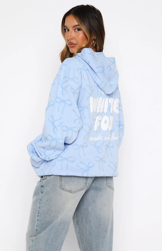 Oversized Printed Hoodie Blue Bow