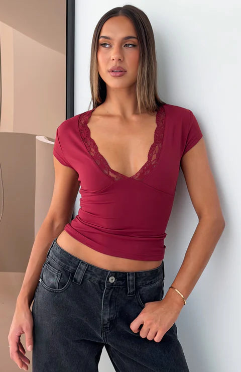 Whole Lot Of Lucky Lace Trim Top Wine